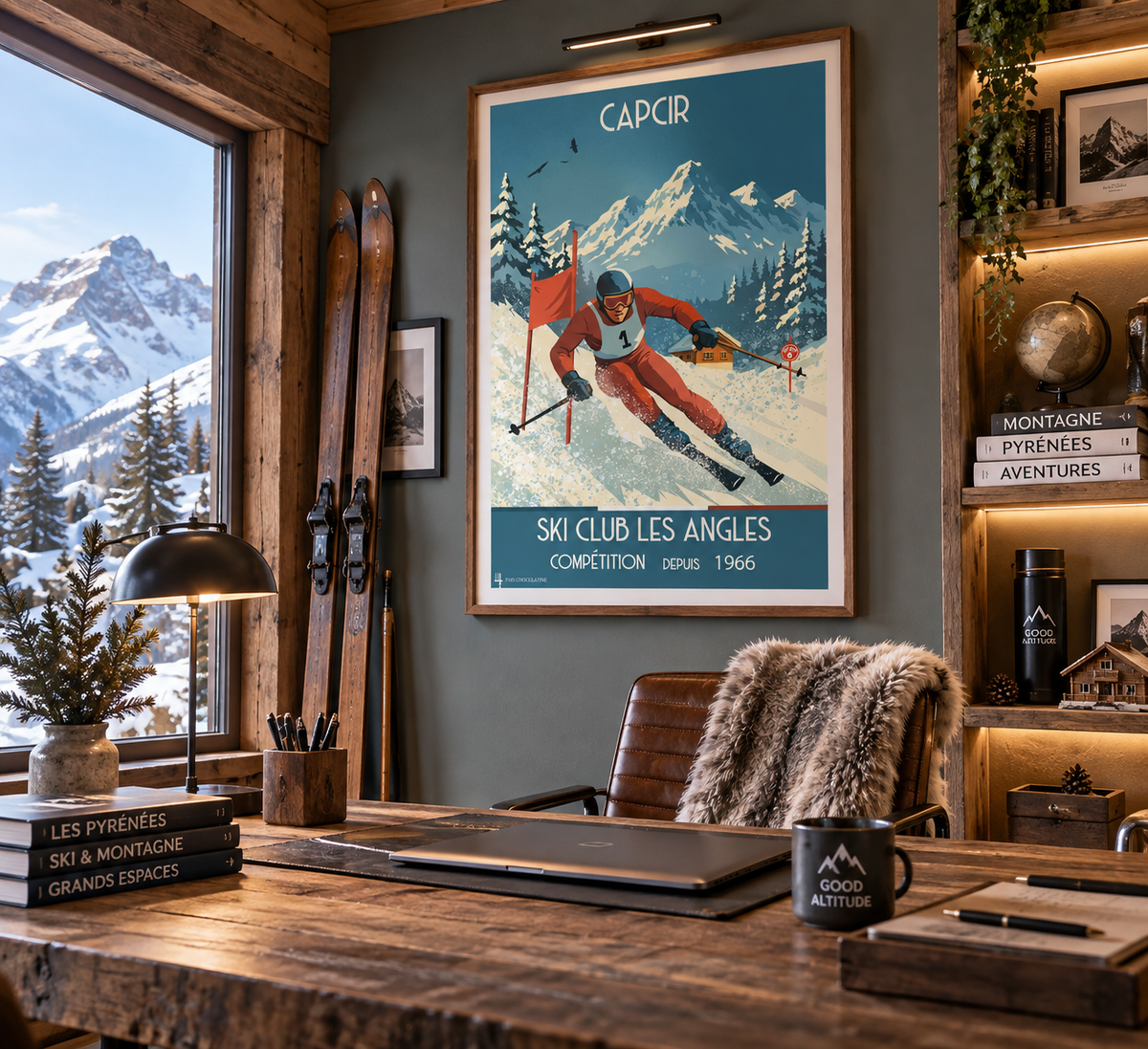 Affiche Ski Club Les Angles présentée dans un bureau esprit montagne – décoration vintage ski, Capcir et Pyrénées, Pais Chocolatine