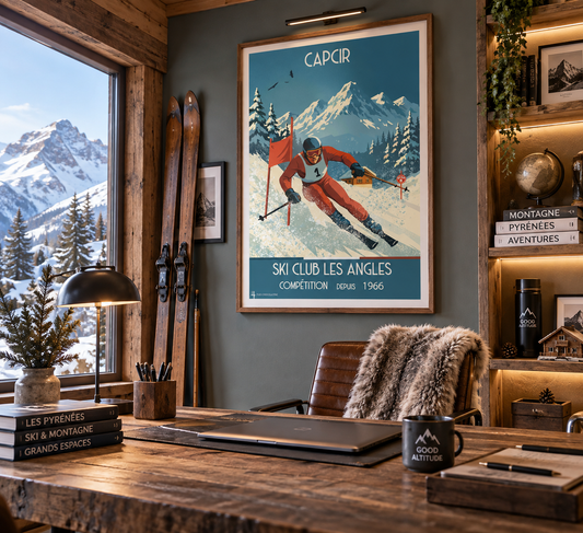 Affiche Ski Club Les Angles présentée dans un bureau esprit montagne – décoration vintage ski, Capcir et Pyrénées, Pais Chocolatine