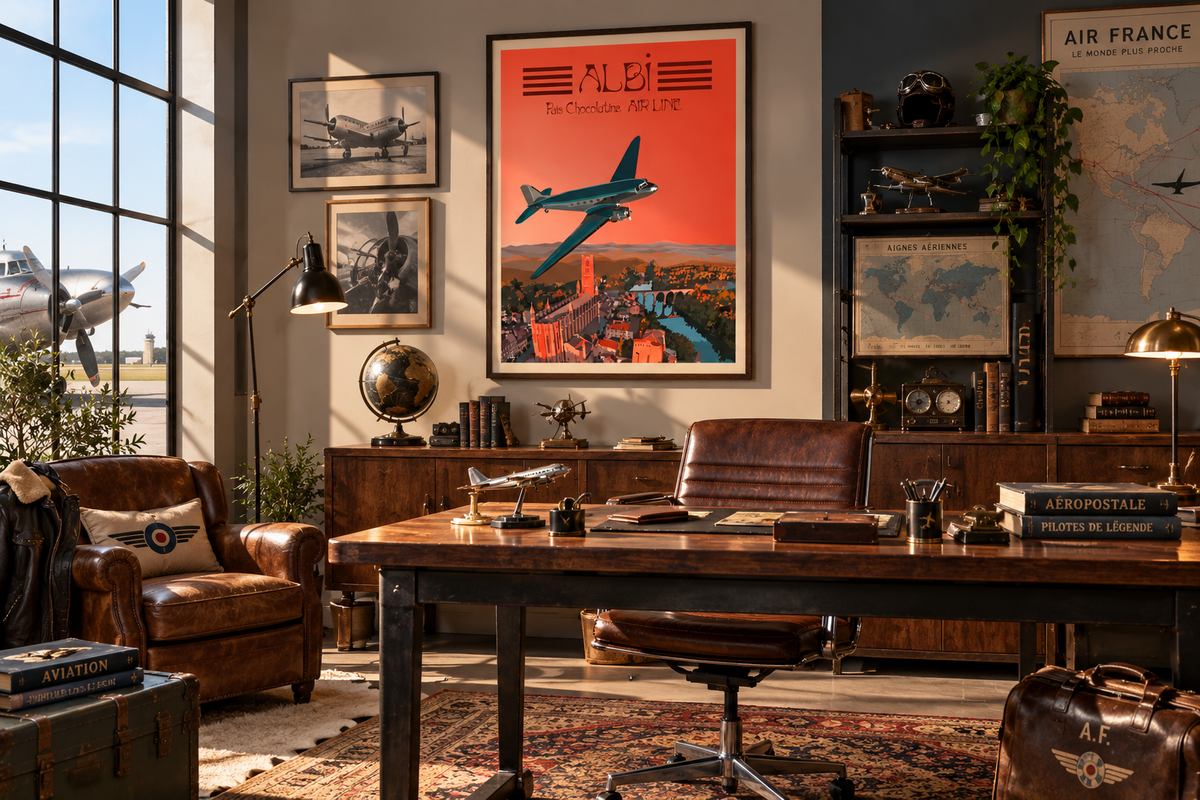 Affiche Albi vintage dans un bureau de passionné d’aviation années 50 – poster rétro Occitanie Pais Chocolatine