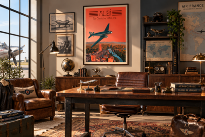 Affiche Albi vintage dans un bureau de passionné d’aviation années 50 – poster rétro Occitanie Pais Chocolatine
