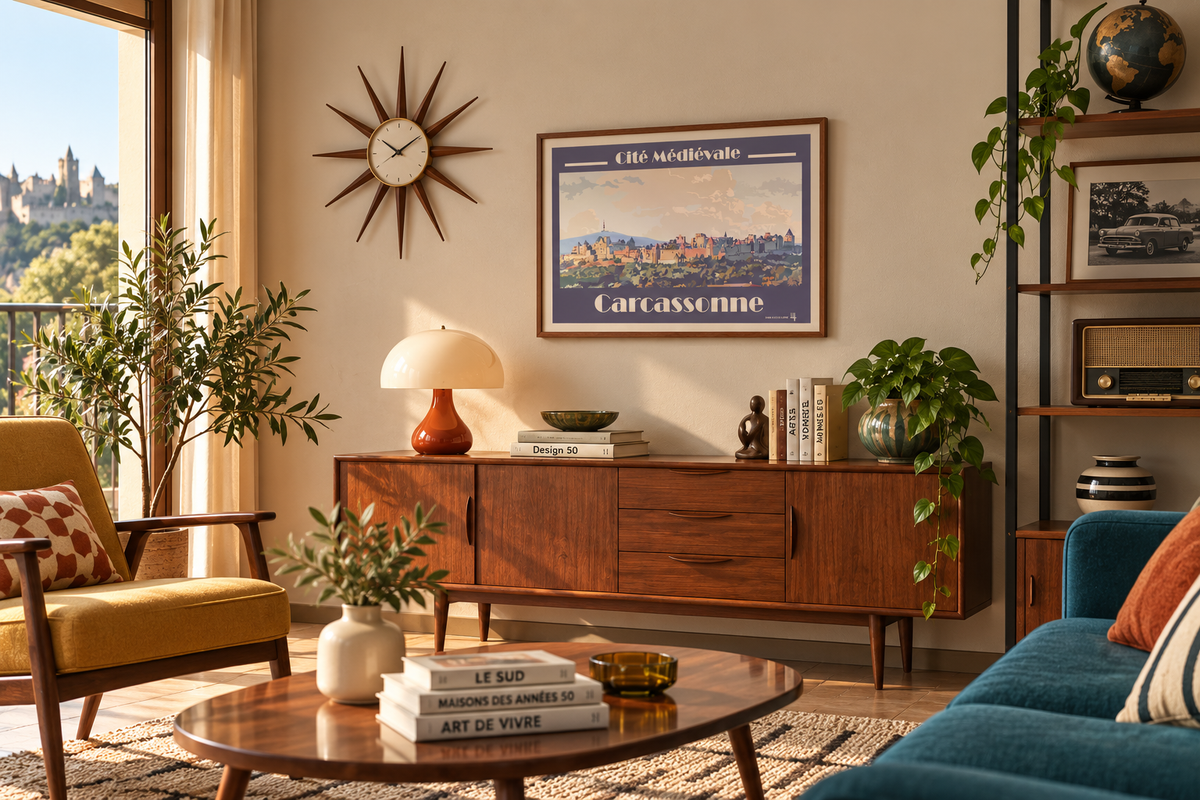 Affiche Carcassonne vintage encadrée dans un salon années 50 – décoration murale Cité médiévale – Pais Chocolatine