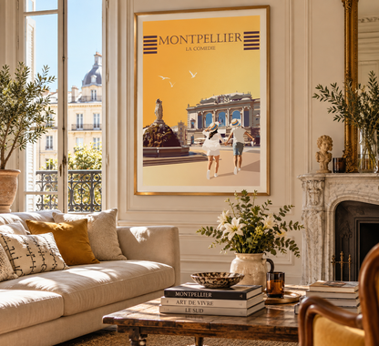 Affiche Montpellier vintage encadrée – décoration murale Place de la Comédie et Trois Grâces