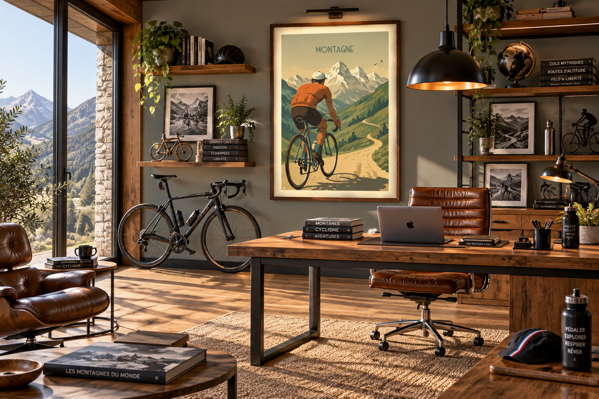 Affiche vélo et montagne dans un bureau élégant dédié au cyclisme – poster vintage sportif Pais Chocolatine