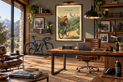 Affiche vélo et montagne dans un bureau élégant dédié au cyclisme – poster vintage sportif Pais Chocolatine